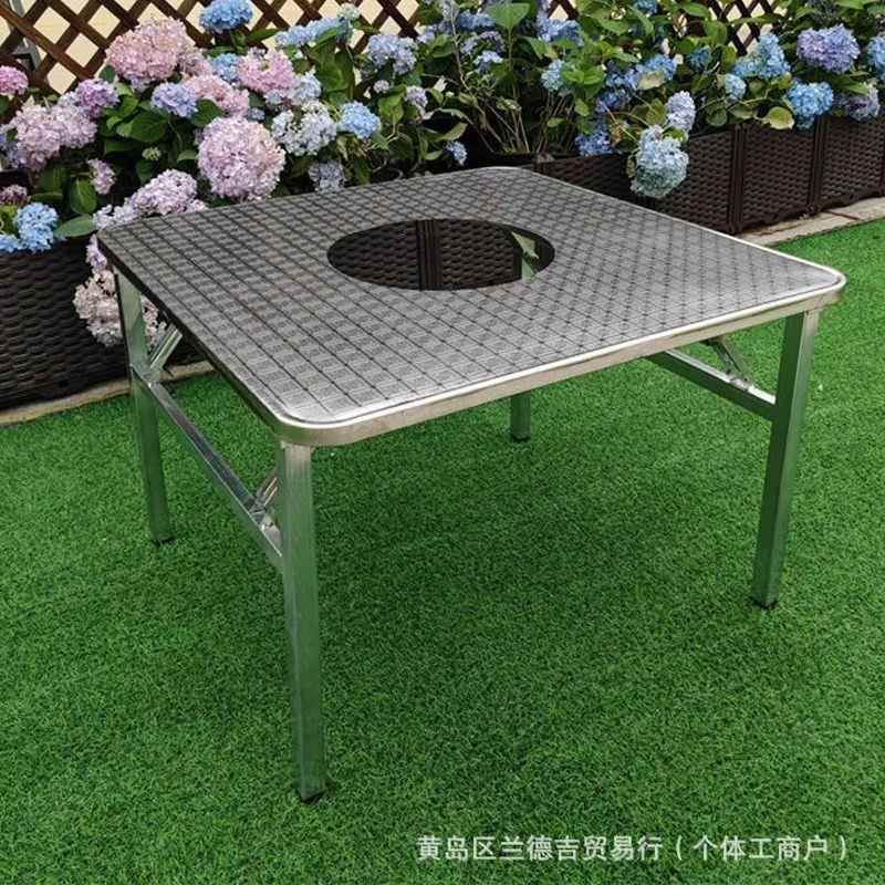 特厚不锈钢折叠烤肉摆摊桌商用简约吃饭夜市圆桌餐厅大排档地锅桌