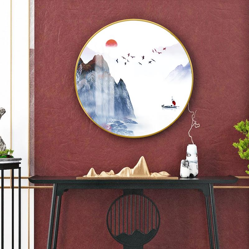 新中式圆形装饰画山水画中堂客厅餐厅玄关走廊挂画沙发背景墙壁画图片