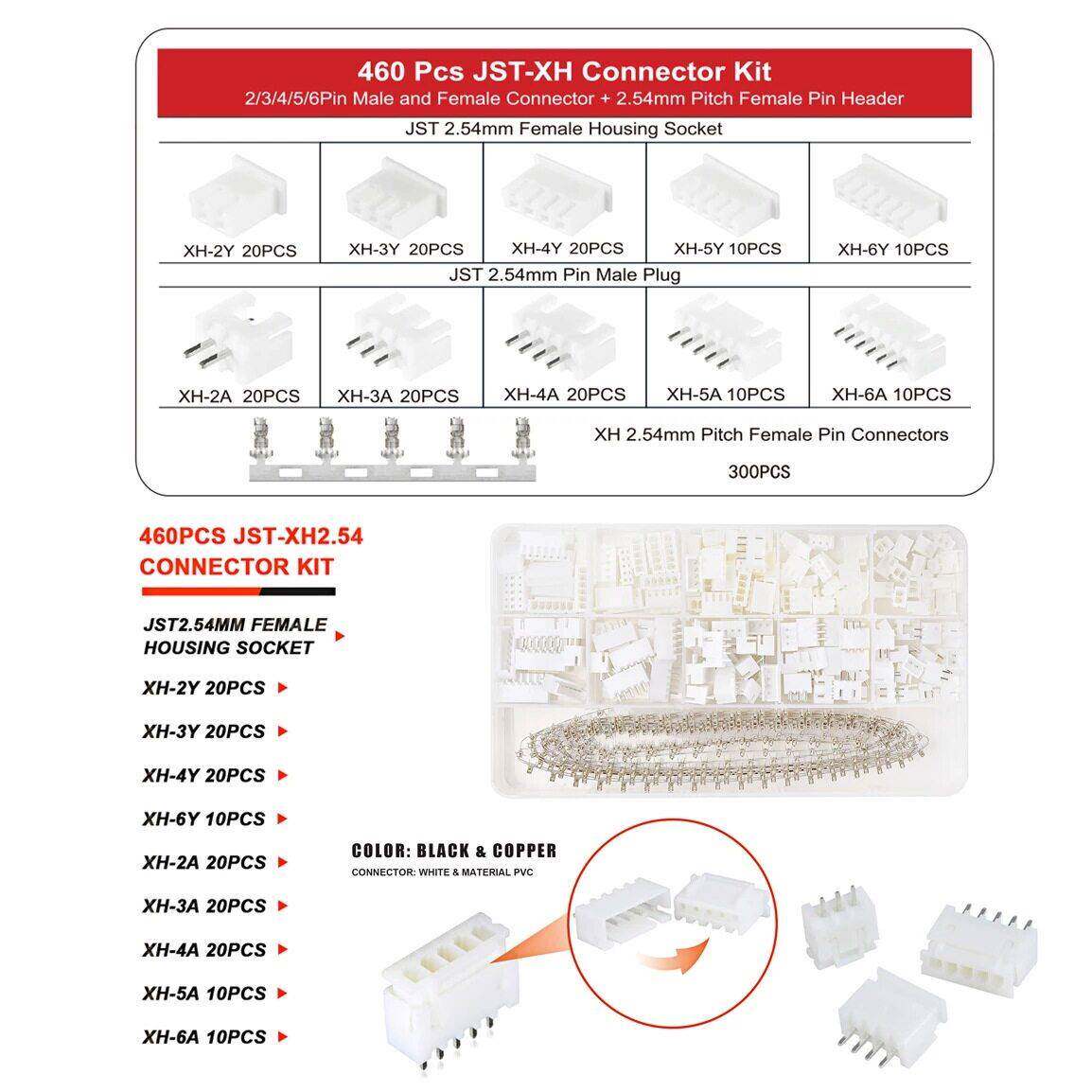 460PCS JST PH2.0mm间距XH2.54MM连接器2/3/4P胶壳底座接插件端子