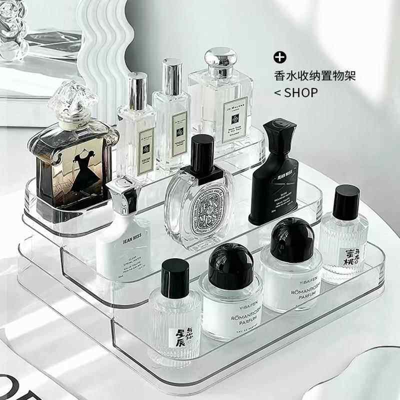 阶梯式香水置物架高级桌感面化妆收纳盒梳品妆台透明香薰展示托盘
