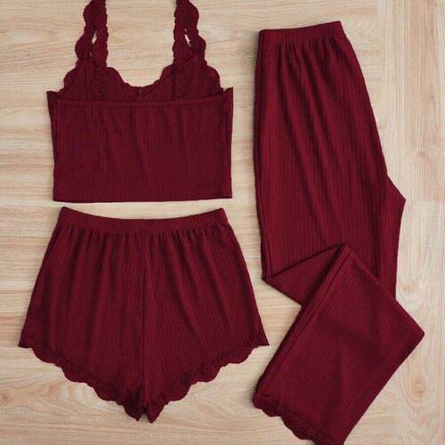 Lace vest, long shorts, pajamas three piece set