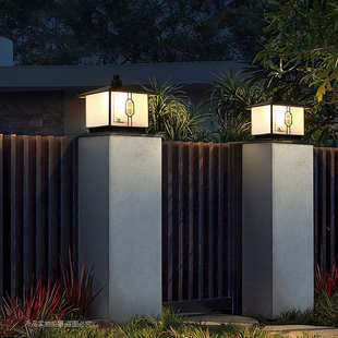 文康防水别墅大门口门柱灯中式围墙灯庭院灯户外太阳能全铜柱头灯