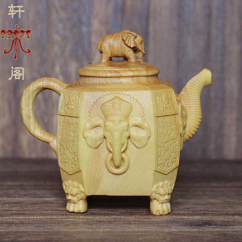 小叶黄杨木雕象头神壶手把件象鼻财神茶壶摆设木质茶宠工艺品批发