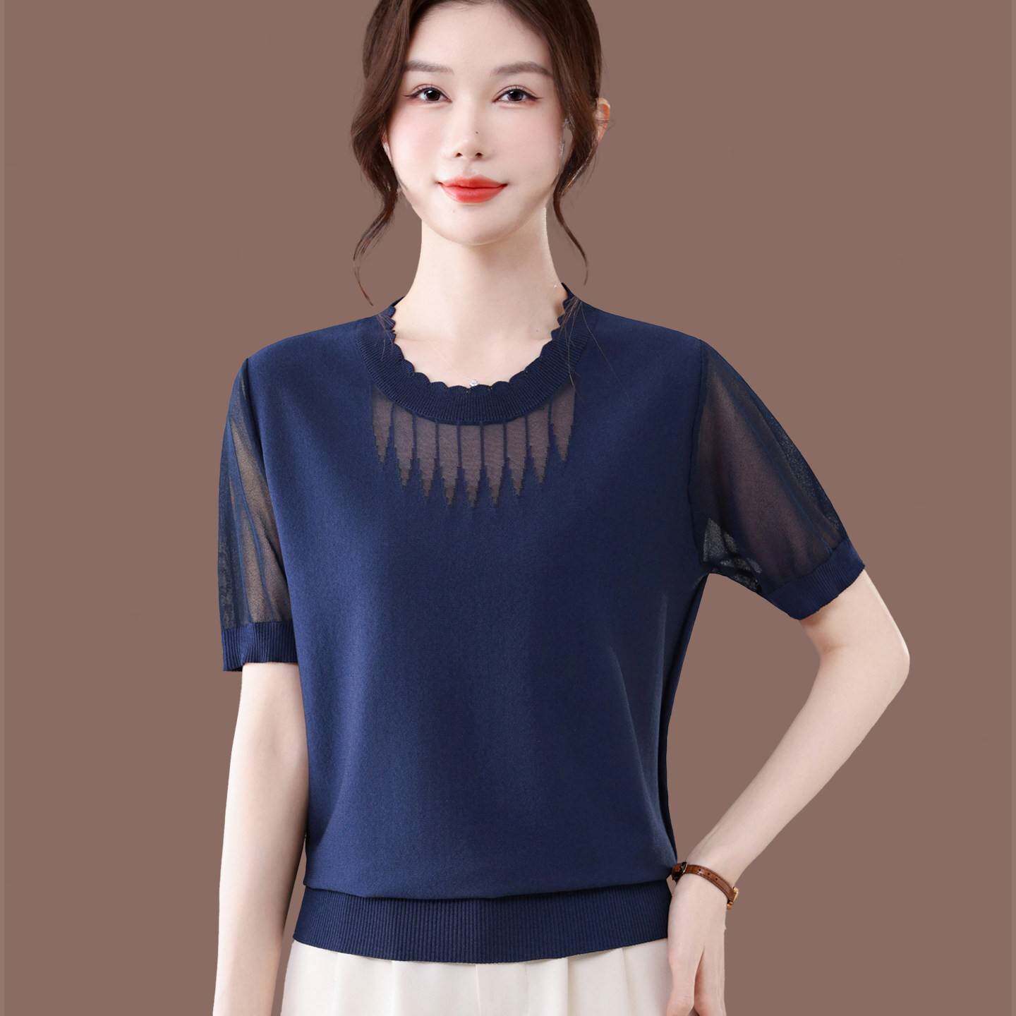 桑蚕丝短袖t恤女2026夏装新款洋气减龄纱袖上衣宽松显瘦体恤