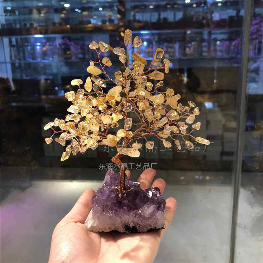 天然紫黄粉水晶树桃红装饰品礼物摆件晶簇原石居家礼品装饰水晶花