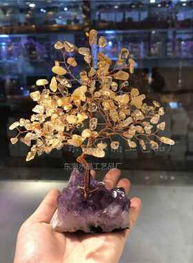 天然紫黄粉水晶树桃红装饰品礼物摆件晶簇原石居家礼品装饰水晶花