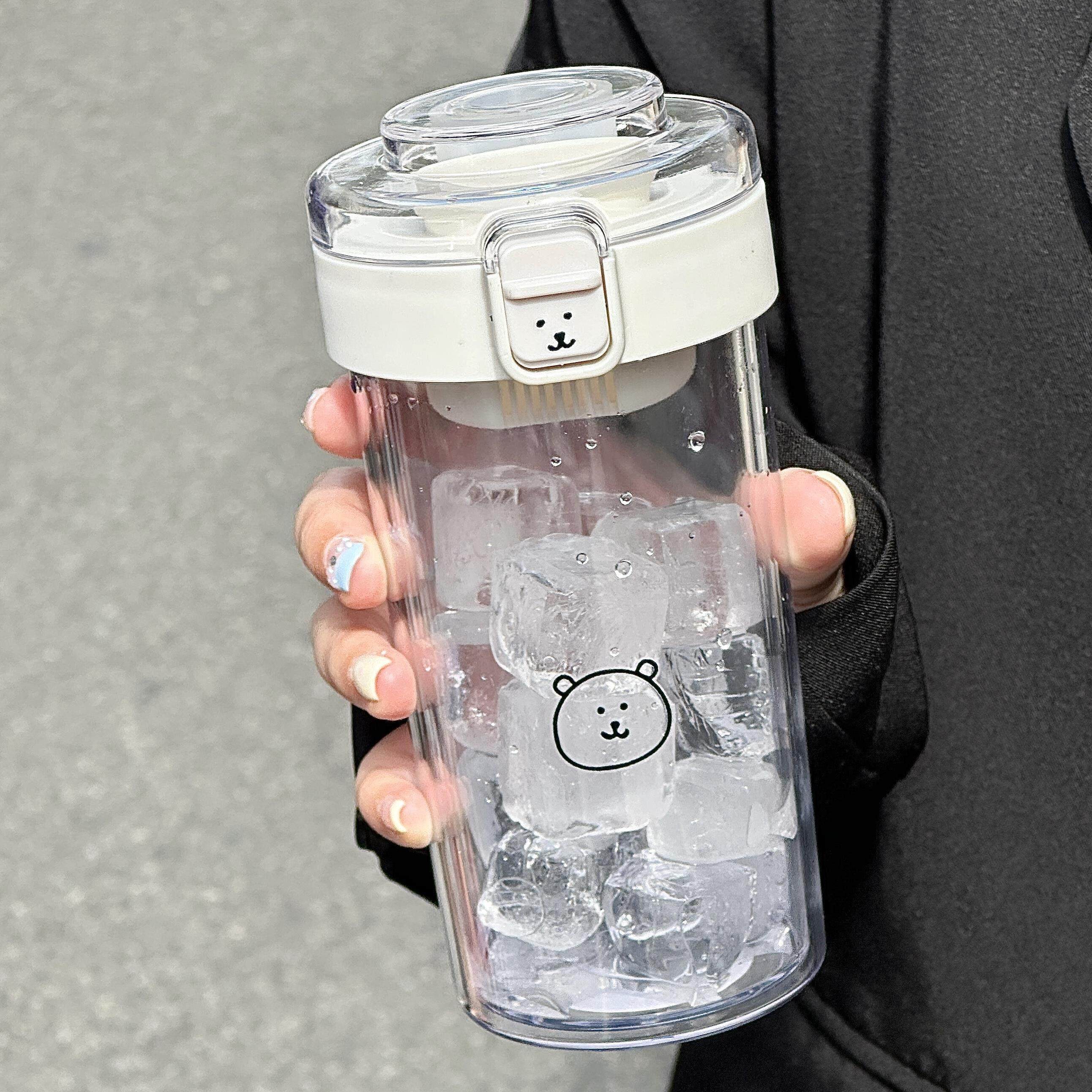 简约水杯自嘲熊带提绳女生便携小巧直饮杯带茶隔夏季学生塑料杯