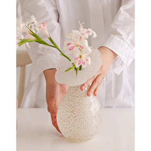 高级感白色玻璃花瓶摆件法式 饰电视柜花器 中古客厅桌面水养插花装