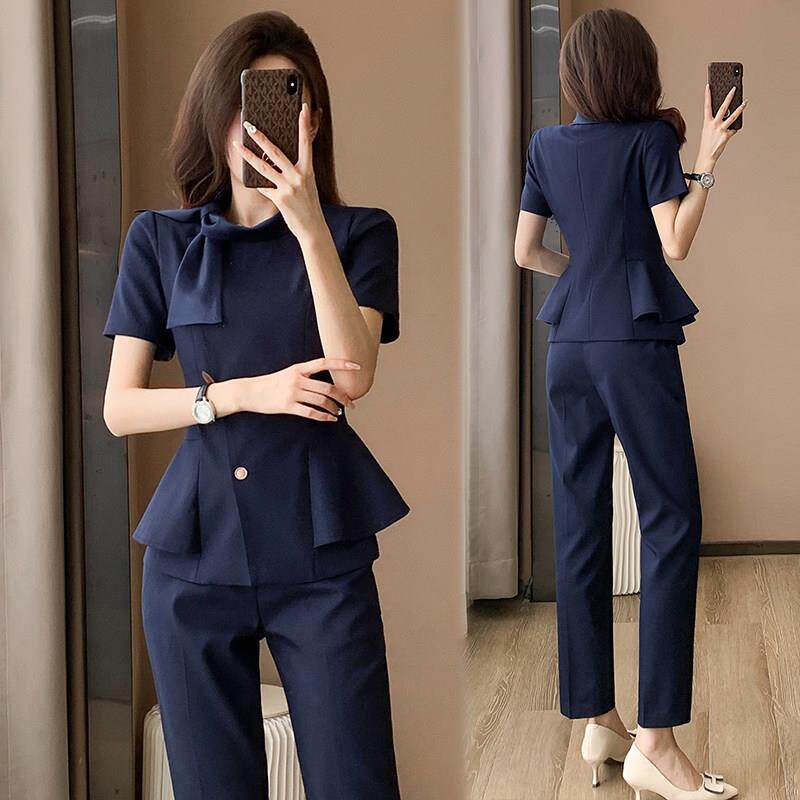 深蓝色短袖西装美容院工作服女高端美业酒店前台接待职业套装夏季
