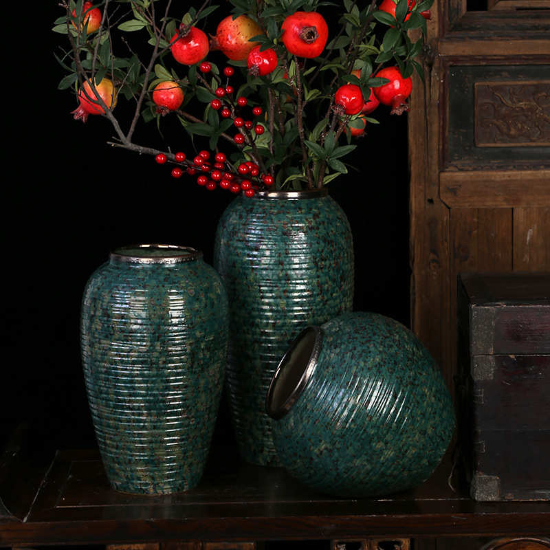 景德镇陶瓷三件套 复古绿美式简约现代花瓶插花干花水培花盆摆件