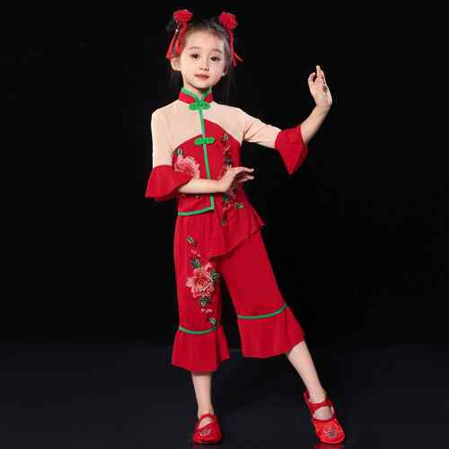 高档新款儿童庆开门北红表喜演服民族东秧歌服扇子舞演出色服红打