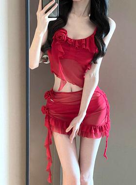 泳衣高颜值红色辣妹玫瑰花朵分体裙式游女四件套保守泡温泉0510d