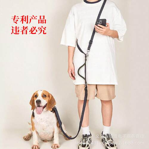 牛仔布一拖二多功能斜跨系腰跑步解放双手中小型犬外出牵引绳