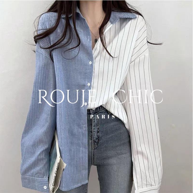 法国Rouje Chic法式复古小众设计撞色休闲条纹拼接衬衫女长袖早春