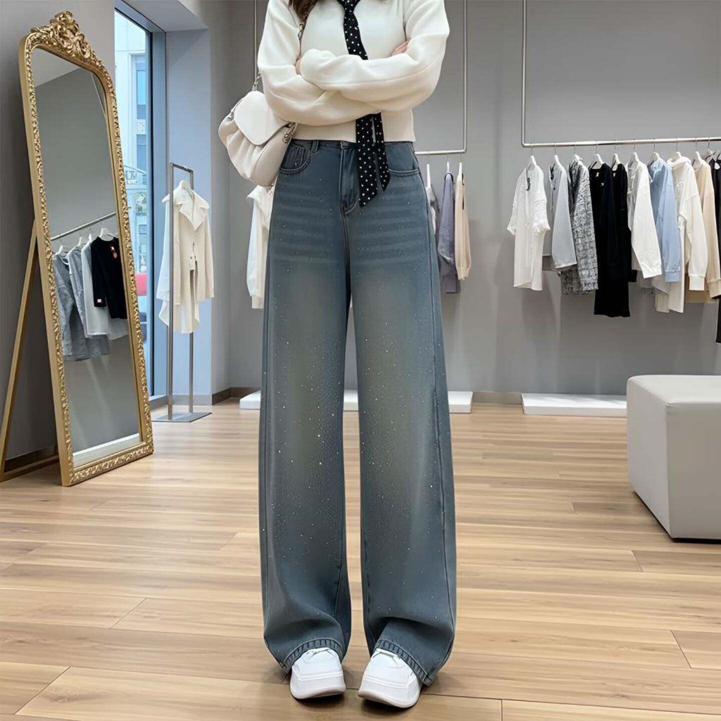 蓝色重工烫钻阔腿牛仔裤女2026春夏新款垂感高腰巨好看窄版直筒裤