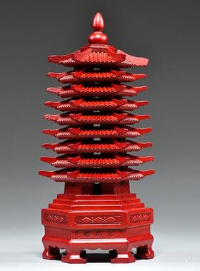 红色桃木质雕刻9层文昌塔摆件九层文昌塔客厅玄关书桌装饰工艺品