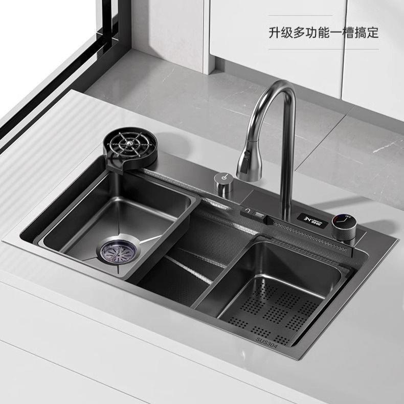 厨325房水槽不钢大槽数显鲨鱼整瀑布水槽洗碗全盆锈套一套