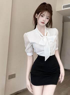 白衬衫短袖雪纺衬衫前台接待空姐制服工作服职业气质女套装包裙夏