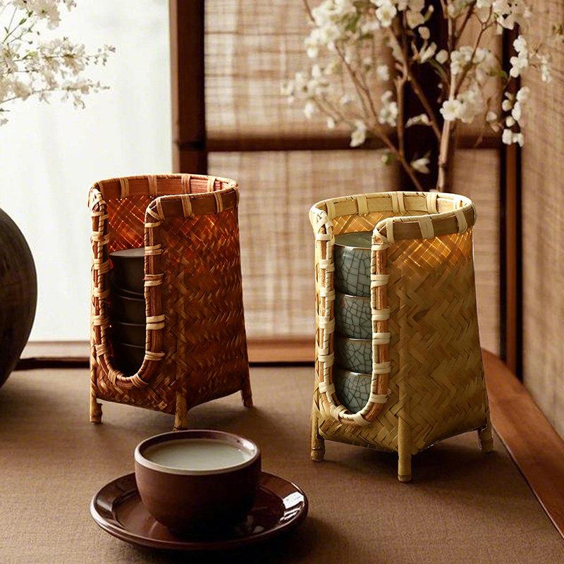 仿古杯架杯篓手工收纳篓竹编茶杯篓品茗杯收纳盒家用功夫茶具配件