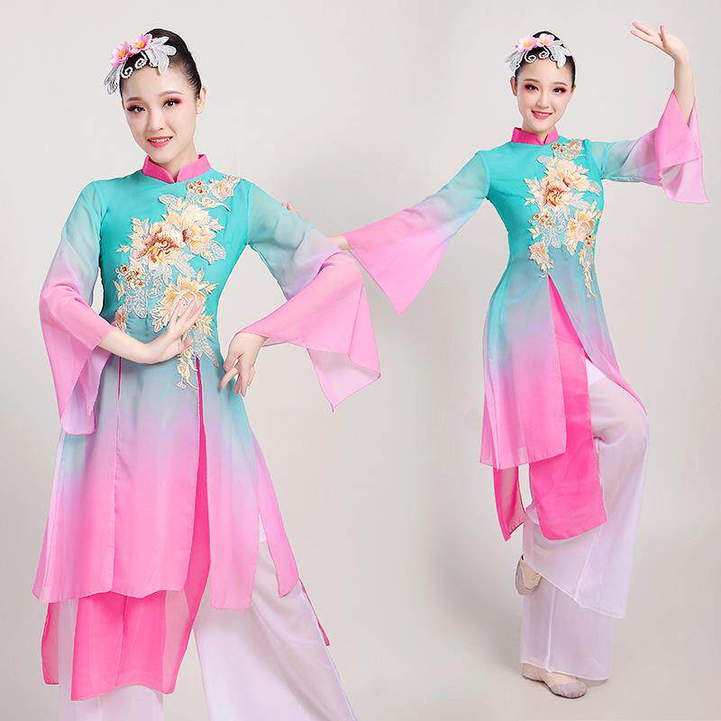 正品古典演出服女秧飘逸扇子伞身韵表服民族中国风演舞蹈歌服成舞