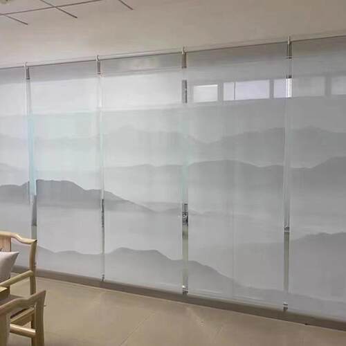 透CZO网U关纱屏风画进门玄隔断纱帘打印喷绘中式山半水画半透纱V