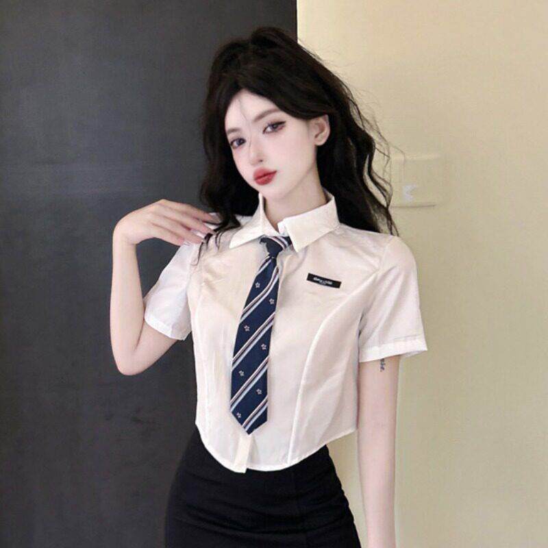 夏季领带衬衫女学院风显瘦学生制服纯欲辣妹白衬衣短袖短款上衣