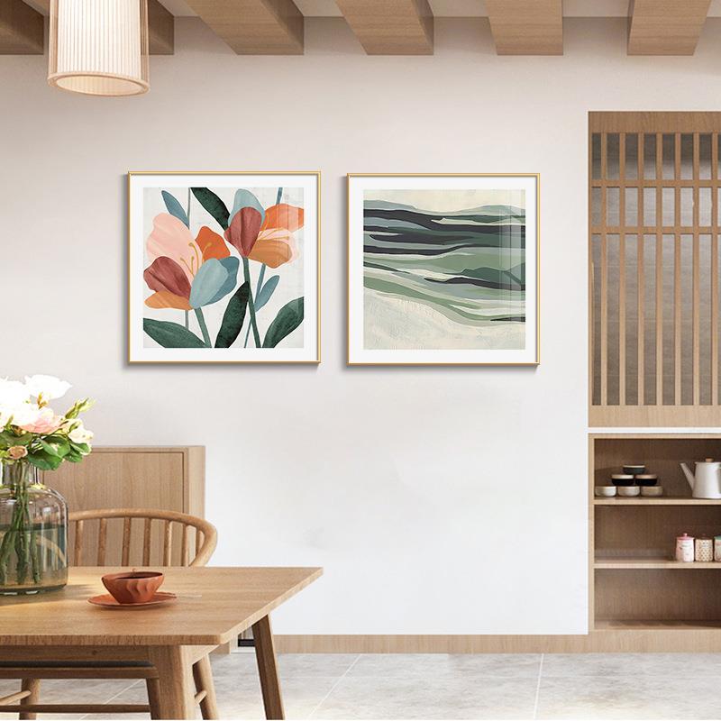 现代美式餐厅挂画北欧风格装饰画轻奢客厅正方形花卉卧室抽象壁画