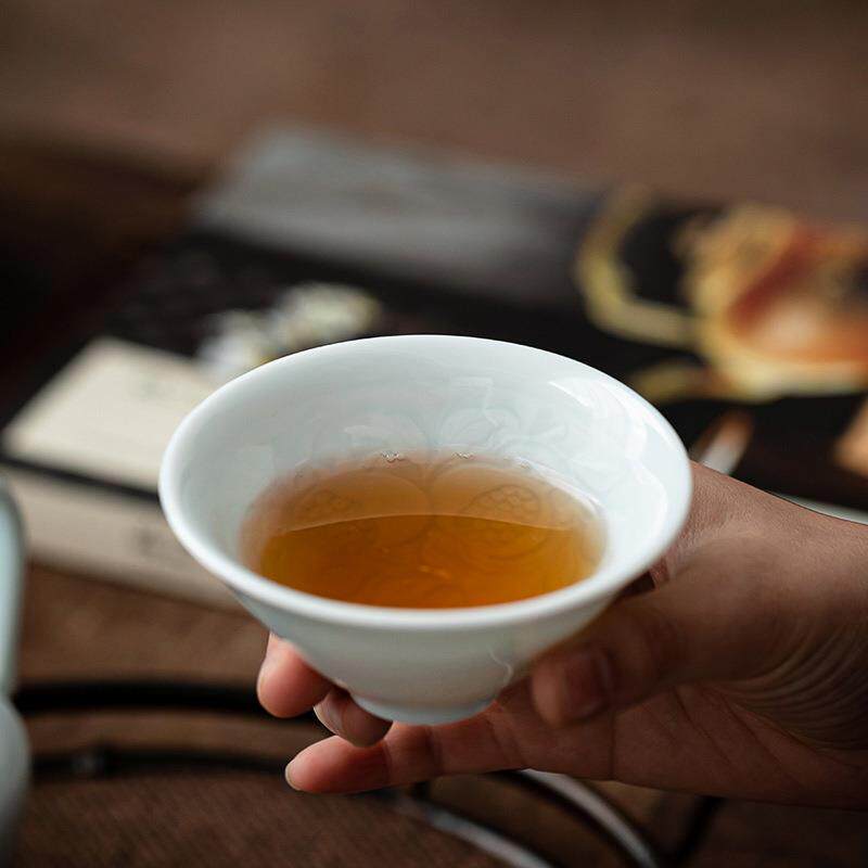 意叁手作湖田窑影青瓷莲花纹浮雕仿宋办公陶瓷茶具主人杯单杯手工