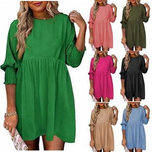 waist neck cuff pleated dress Womens casual round