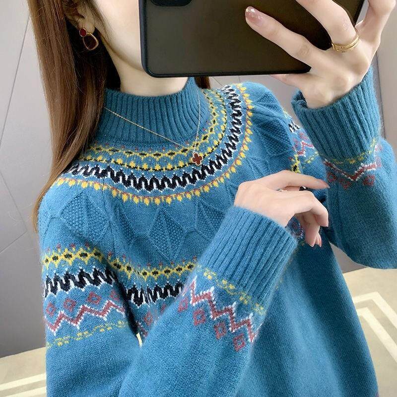 半高领针织衫女冬季套头2025新款费尔岛针织打底衫女宽松慵懒毛衣