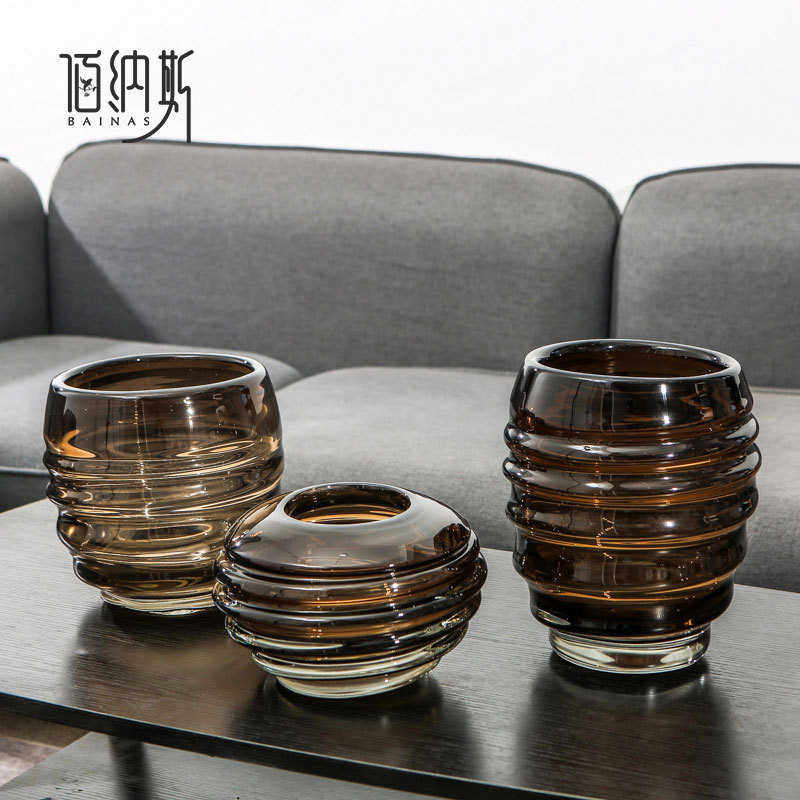美式轻奢咖色透明玻璃花瓶客厅餐桌玄关插花器家居样板间工艺摆件