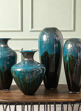 新中式厚重玻璃花瓶落地式大花瓶花艺摆件客厅插花摆饰琉璃瓶