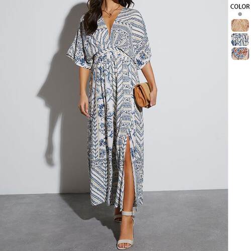 Women's Floral Print Tie Waist Maxi Cover Up Dress Bohemian