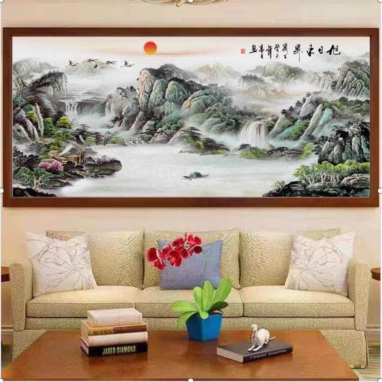 人工十字绣成品，纯手工朝日东升，流水，财富聚宝盆，新画框客厅