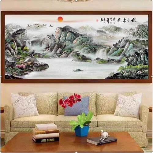 人工十字绣成品，纯手工朝日东升，流水，财富聚宝盆，新画框客厅