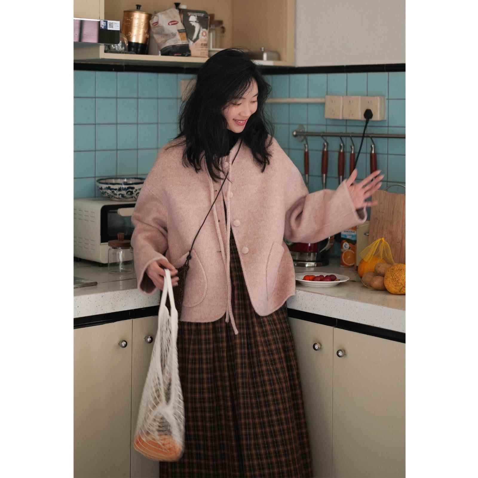 「集沐」年末派对 粉色羊毛驼绒双面呢大衣女冬毛呢外套短款