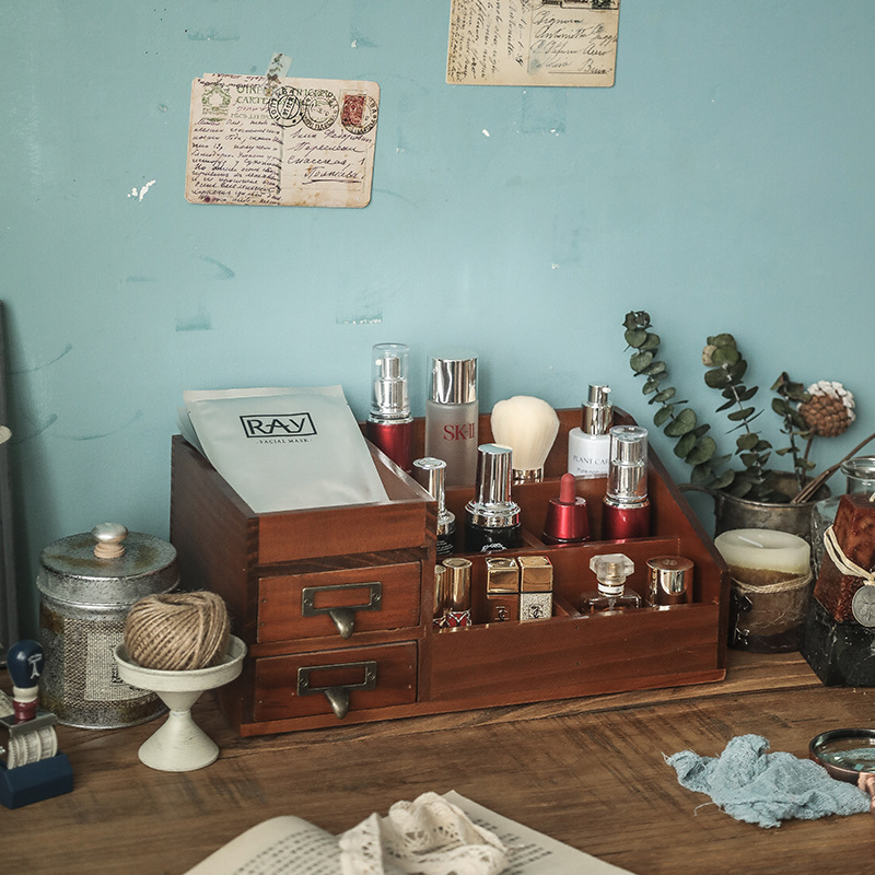 办公室化妆品复古桌面木质首饰盒