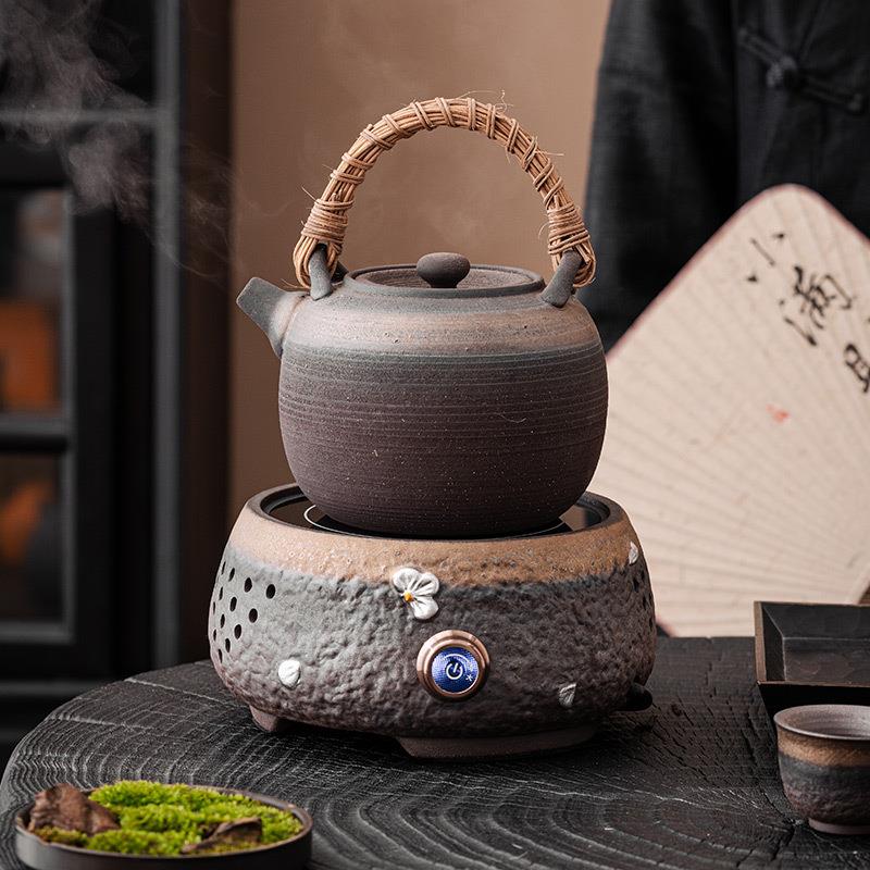 鎏金粗陶电陶炉复古围炉煮茶家用室内煮茶器陶瓷茶壶套装煮茶神器
