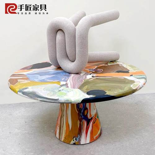 田园艺术家手绘熔炉油画彩绘桌子创意涂鸦餐桌玻璃钢休闲桌小茶几