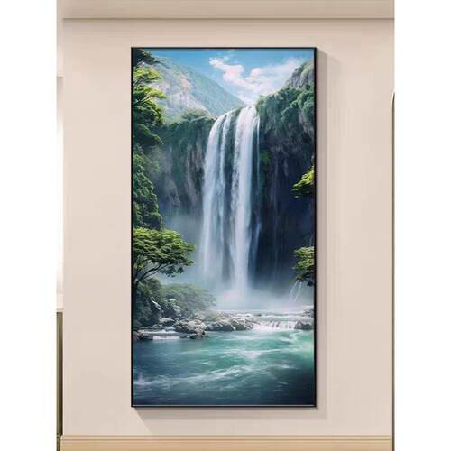 源远流长山水画进门入户玄关装饰画现代简约过道竖版高山流水挂画