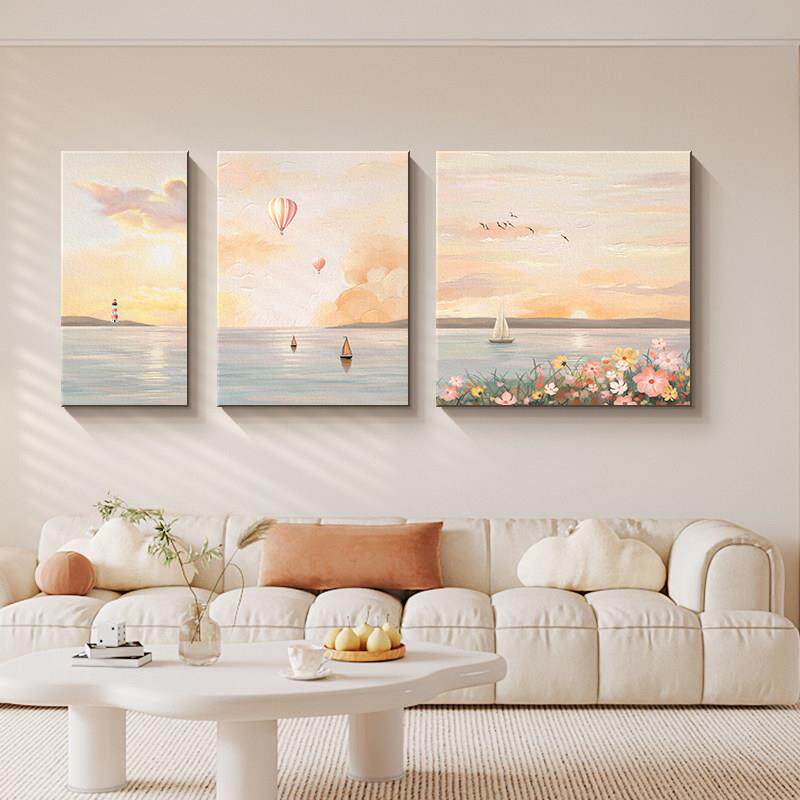 现代简约客厅装饰画治愈系风景沙发背景墙挂画高级感砂岩三联壁画