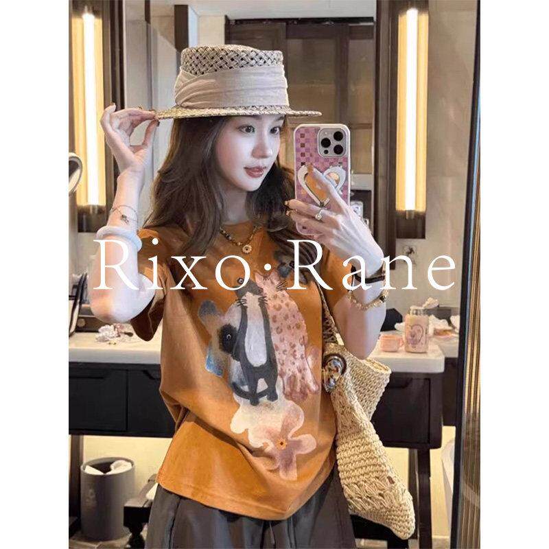 法国Rixo Rane设计感小众卡通印花短袖t恤女夏宽松显瘦正肩上衣