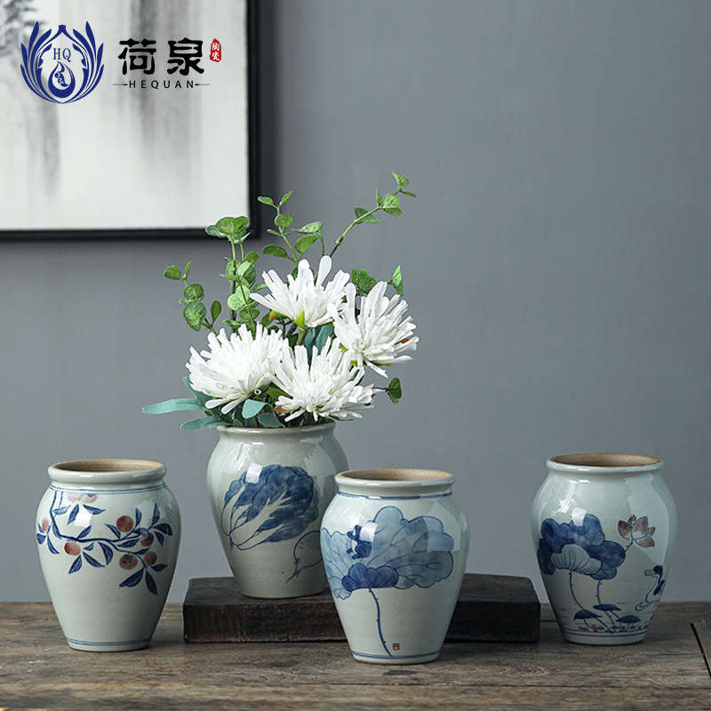 景德镇手绘青花瓷花瓶花器鲜花复古粗陶整套功夫茶具配件桌面摆件