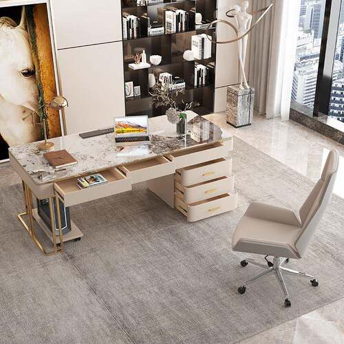 意式轻奢亮光岩板书桌书椅组合书房写字台极简书桌书柜书椅套装