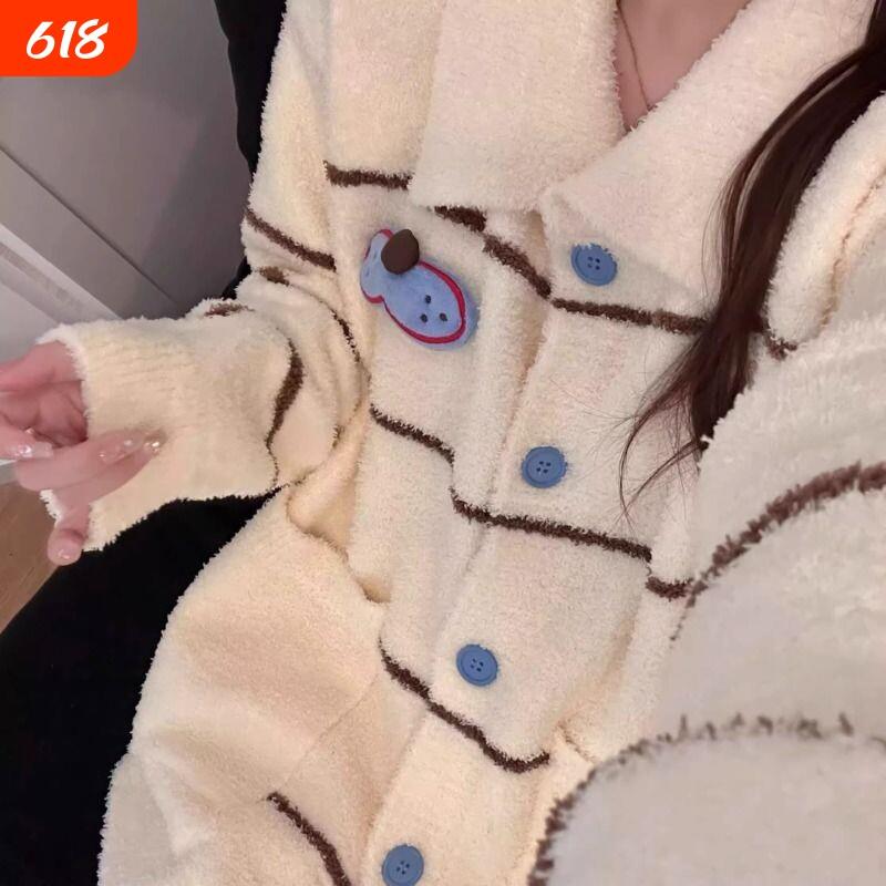 2026针织半边绒睡衣女冬季加厚保暖可外穿家居服套装大尺码红色居