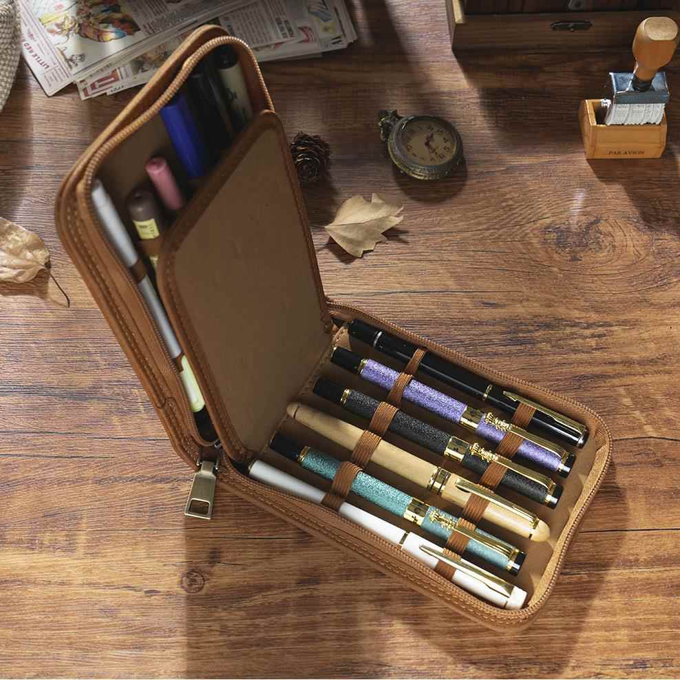 新款复古风12格钢笔拉链收纳包疯马皮多支装大容量多功能文具笔盒