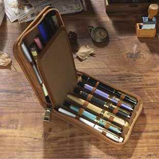 新款 大容量多功能文具笔盒 复古风12格钢笔拉链收纳包疯马皮多支装