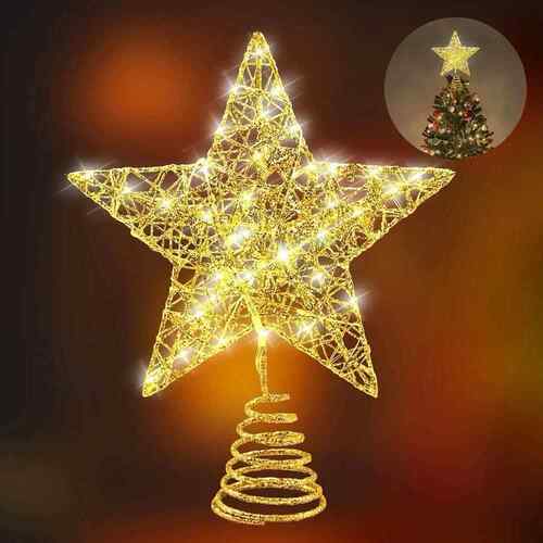 Iron Glitter Powder Christmas Tree Topper Star with LED Copp