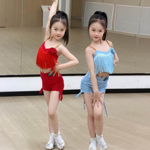 歌瑞亚拉丁舞服女儿童夏日彩虹新款吊带流苏短裤拉丁练习功服套装