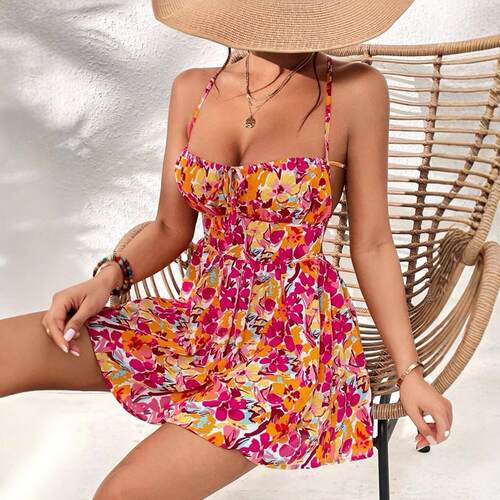 Women's style dress with floral square collar short
